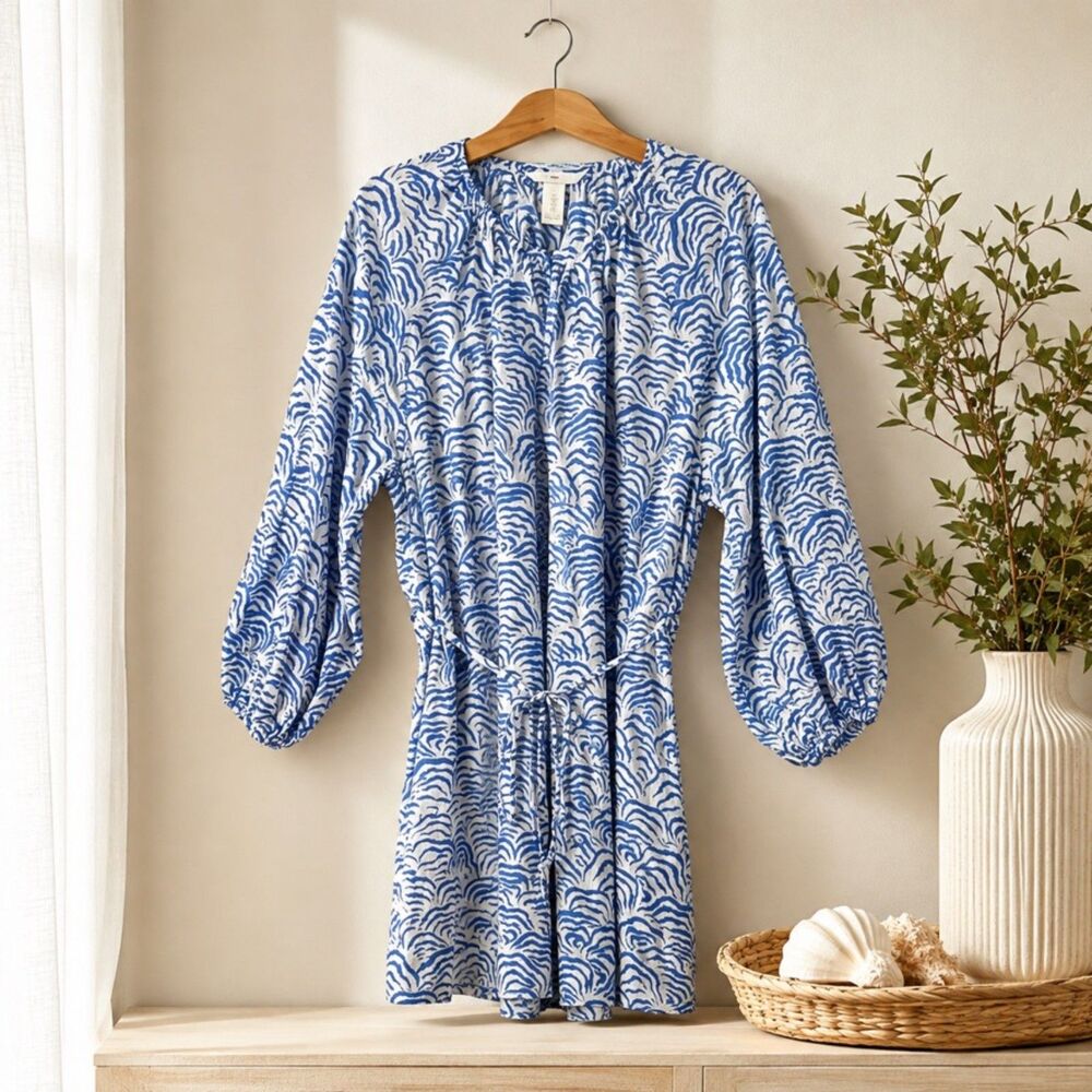 H&M Blue White Cotton Cover-Up Dress Balloon Sleeves Size L Oversized